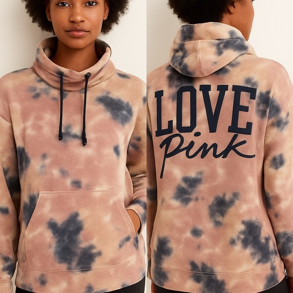 PINK Victoria's Secret Tops - Victorias Secret Pink Cowl Sweater Varsity Large Ensign Beige Tie Dye Sz Large